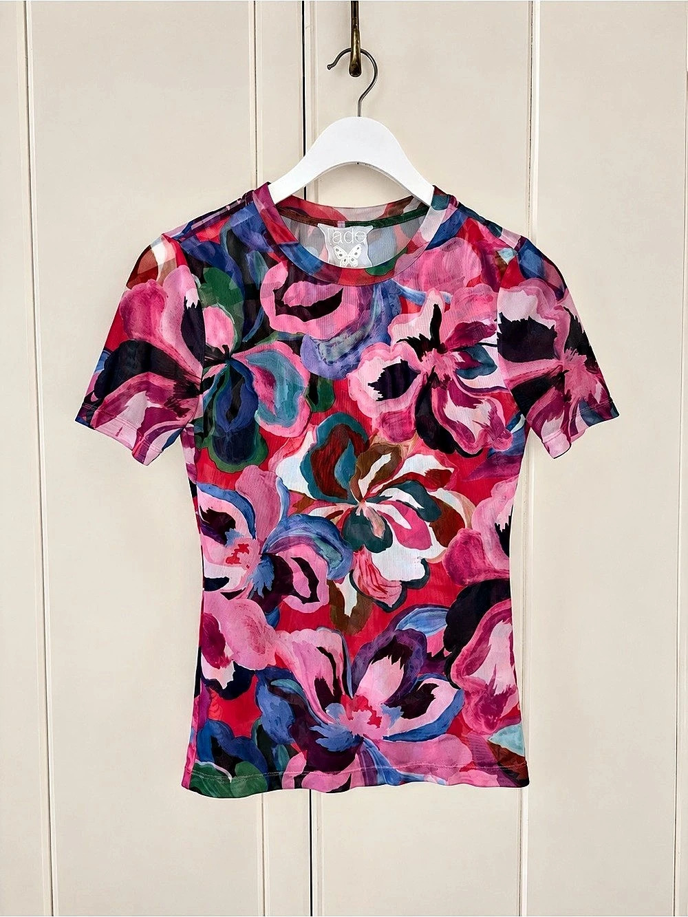 Johnny Was Eleanor Mesh Tee in Ambre Floral Short Sleeve Top in Pink & Blue